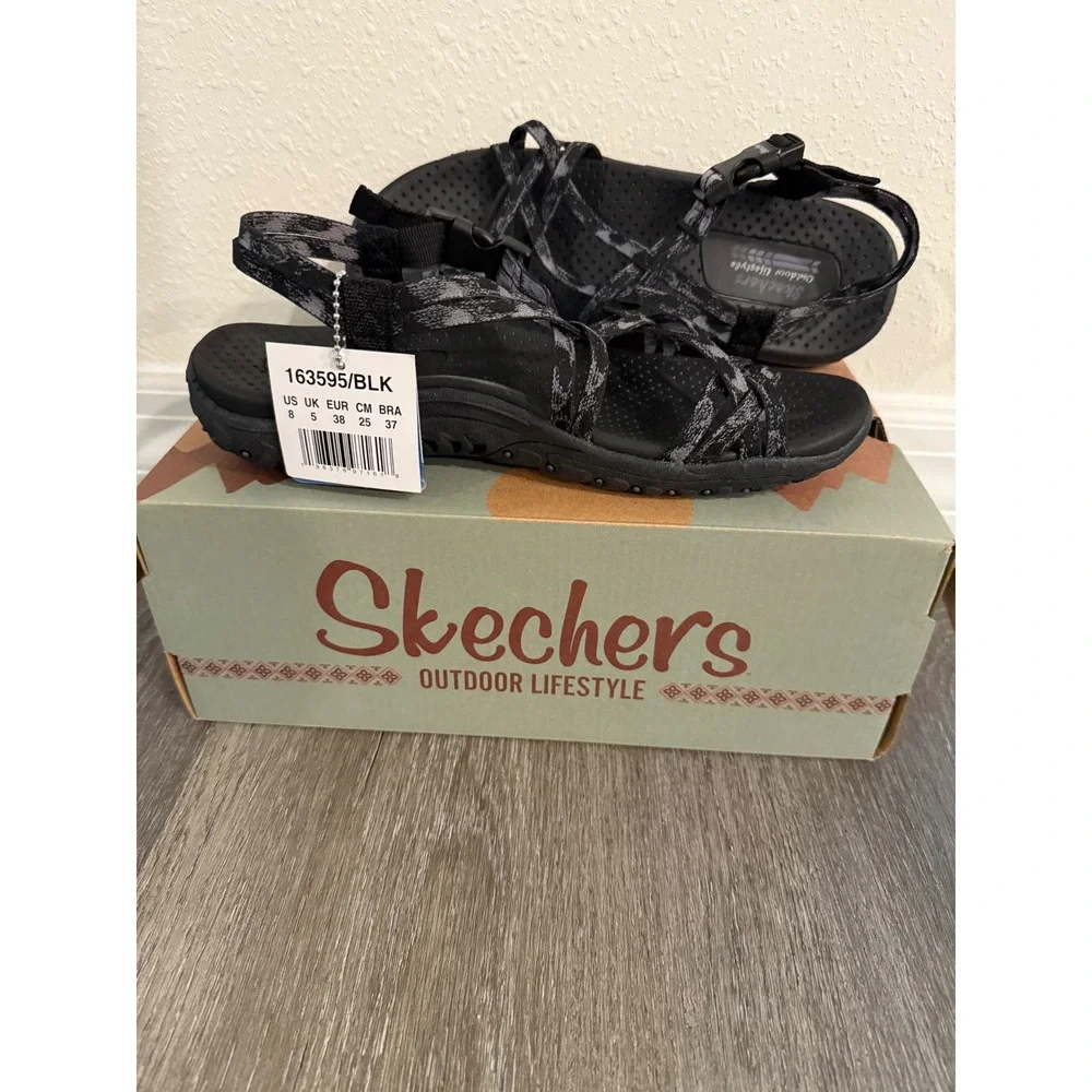 Skechers Reggae Positive Space Women 8 Black Trail Sandals 163595/BLK Vegan NEW
